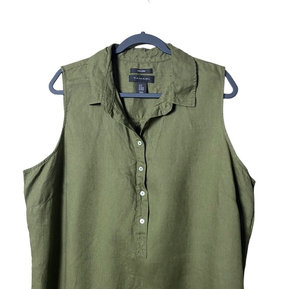 Tahari 100% Linen Midi Dress Plus Size 2X Pop Over Beachy Army Green Cottagecore - Picture 4 of 4